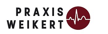 Logo einer Praxis. In schwarzer Schrift steht untereinadner Praxis Weikert. Rechts davon ein roter Kreis mit Pulslinie.